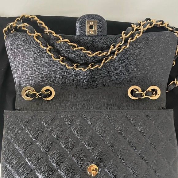 Sold 24k gold plated Black Chanel Caviar Jumbo single flap bag - Picture 11 of 17